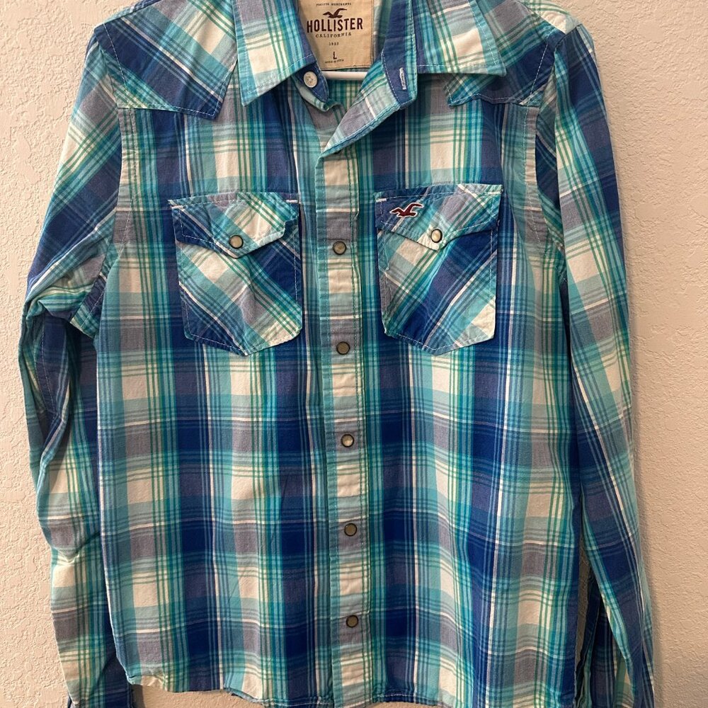 Hollister Blue & White Plaid Print Long Sleeve Button Down Shirt - L